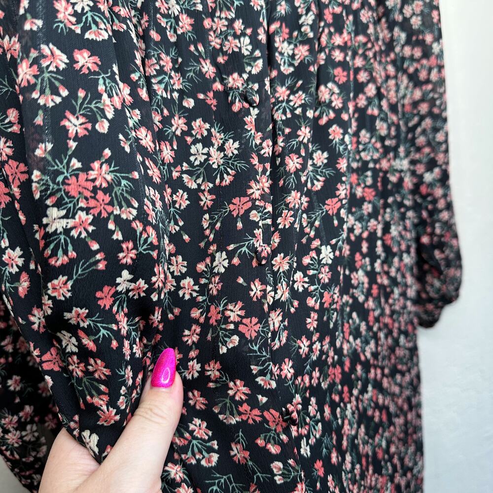 Skies Are Blue Black Floral Long Puff Sleeve Low Cut Button Front Midi Dress Lg - Picture 7 of 13
